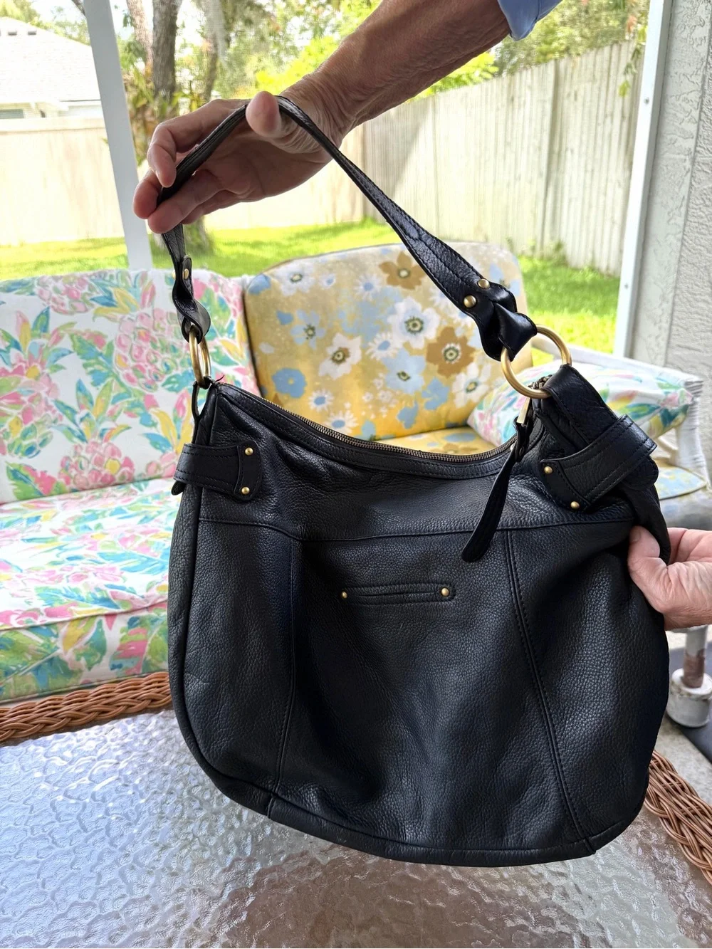 B Makowsky Black Pebbled Leather Slouchy Hobo Bag Gold Cargo Pockets